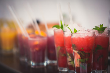 Beautiful row line of different colored alcohol cocktails with mint on a christmas party, martini, vodka with bubbles, wine and others on decorated catering bouquet table on open air event, picture 