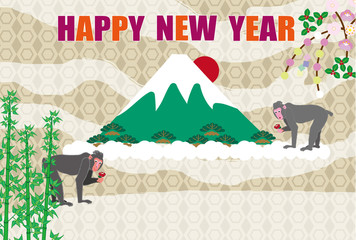 Obraz premium ポップなサルと富士山と日の出のイラスト年賀状テンプレート