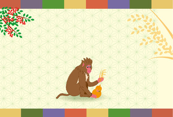 和風のサルと稲穂とひょうたんのイラスト年賀状テンプレート