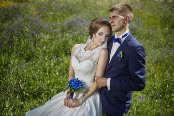 Wedding bride and groom in beautiful dresses on the nature of th