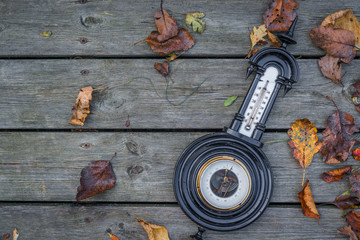 Antique barometer on wooden background