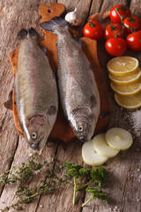 Two raw trout with ingredients on a cutting board. vertical top view
