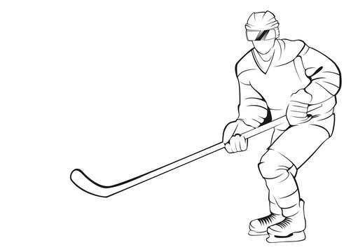 Hockey player. Vector linen silhouette, isolated on white
