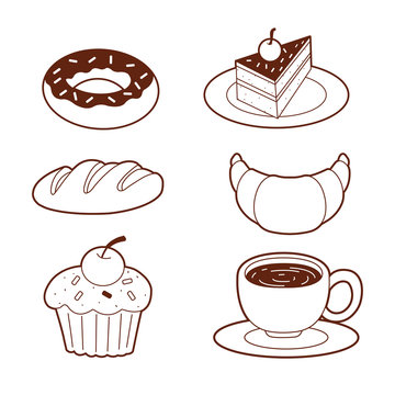 A vector of a Donut, a cup of coffee, croissant, a piece of cak