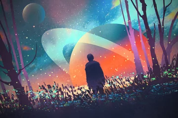 Fototapeten man standing alone in forest with fictional planets background,illustration © grandfailure