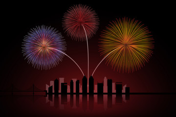 Fireworks over cityscape skyline - a vector illustration.
