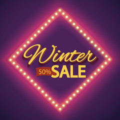 Winter sale with purple lights vintage frame