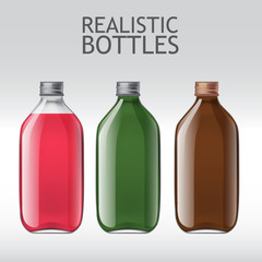 Realistic glass bottles empty transparent set