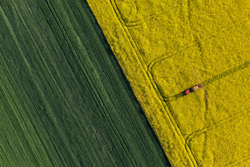 aerial view of harvest fields with tractor