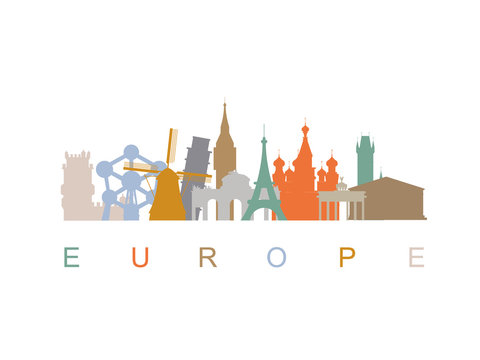 Ilustraci&oacute;n de vector del skyline de Europa realizado con siluetas de monumentos famosos.