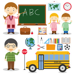 Ilustración de vector de profesores con autobus escolar y grupo de objetos e iconos de la eduación (tijeras, regla, compas, tiza, pizarra, globo terraqueo, lapices y pinturas). © asantosg