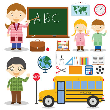 Ilustración de vector de profesores con autobus escolar y grupo de objetos e iconos de la eduación (tijeras, regla, compas, tiza, pizarra, globo terraqueo, lapices y pinturas).