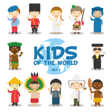Niños del mundo: Nacionalidades Set 1. Grupo de 12 personajes vestidos a la manera tradicional de sus respectivos países. Ilustración de vector.
