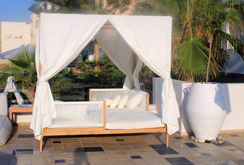 Beautiful sunbed on resort terrace, Crete, Greece