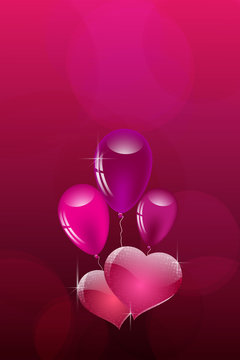 Hearts and air balloons on a background of pink background.Card