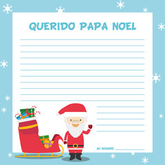 Plantilla de Carta a Papá Noel en español para la Navidad, con personajes infantiles para niños. Ilustración de vector.