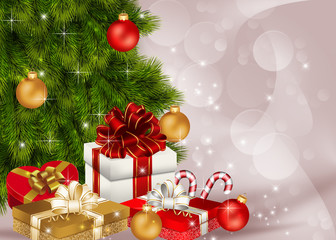 новогодний фон с елью и подарками