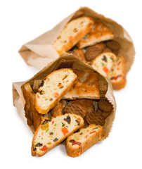 image of rusks with candied fruit on a white background