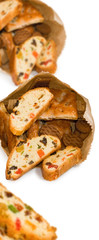 image of rusks with candied fruit on a white background close-up