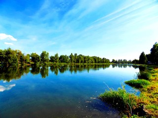 Fototapeta na wymiar Lake with reflexion, trees and sky