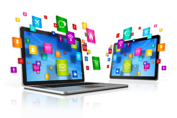 Icons flying around Digital Tablet PC and Laptop