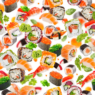Sushi seamless pattern. Colorful pattern with different types of