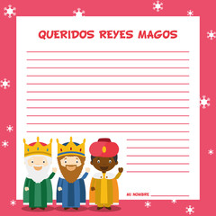 Fototapeta premium Platilla para carta a los Reyes Magos de Oriente en Navidad, con personajes infantiles para niños y Melchor, Gaspar y Baltasar. Ilustración de vector. Texto en español.