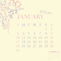 January monthly 2016 Calendar Pastel Color scheme vector art.