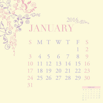 January monthly 2016 Calendar Pastel Color scheme vector art.