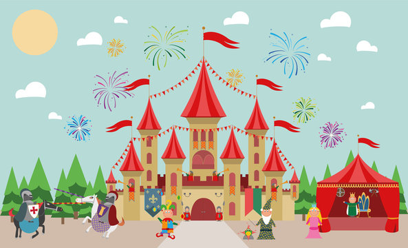 Castillo medieval con personajes infantiles (rey, princesa, mago, caballeros y bufón) y fuegos artificiales. Ilustración de vector.