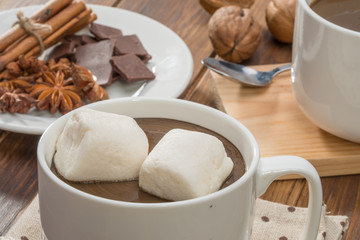 homemade hot chocolate and marshmallow, spice with walnut