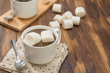 Mug filled with homemade hot chocolate and marshmallow
