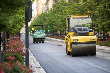 Heavy Vibration roller compactor at asphalt pavement works