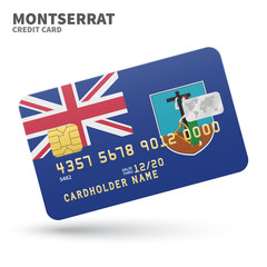Credit card with Montserrat flag background for bank, presentations and business. Isolated on white