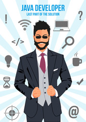 Java developer design concept. Nice looking confident man surrounded with icons with different components of programming. Symbolizes idea that man is last part of the solution that will connect other.