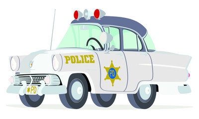 Caricatura Ford Mainline Town Sedan 1955 policía blanco USA vista frontal y lateral