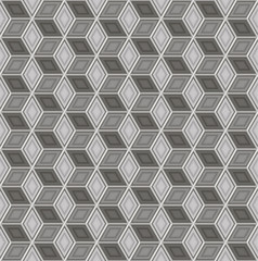 Seamless abstract 3D pattern - cubes in a skeleton of wire. Color gray - mid tone.  Vector illustration.