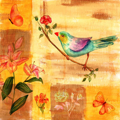 Vintage collage with watercolor butterflies, flowers, bird, on square texture