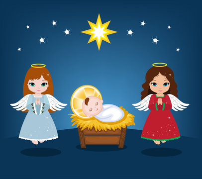 Baby Jesus and christmas angels. Vector illustration.