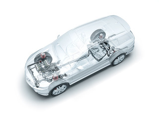 Transparente Auto mit dem Motor, Getriebe und Fahrwerk