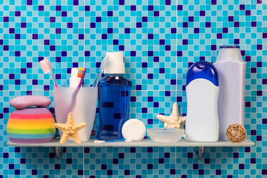 Hygiene Products On Shelf In Bathroom