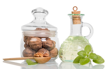 Walnuts in glass jar, and the oil