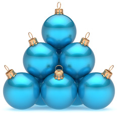 Christmas ball pyramid blue decoration New Year's Eve baubles group adornment glossy spheres ornament cyan. Happy Merry Xmas traditional wintertime holidays celebrate greeting card concept. 3d render