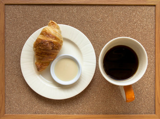 Breakfast set on corckboard tray