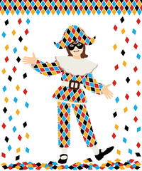 Girl with Harlequin costume and confetti on white background - obrazy, fototapety, plakaty