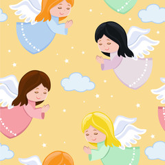 Cute little angels flying in the sky.Seamless background.Vector illustration.