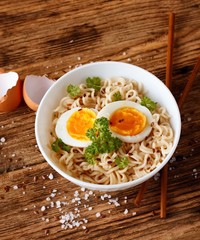 Top view on modern bowl with chinese soup