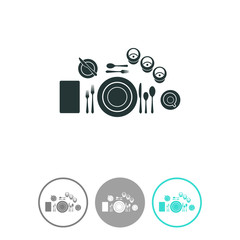 Plate with spoon, knife, napkin, cup, glass and fork. Cutlery etiquette rules symbol.