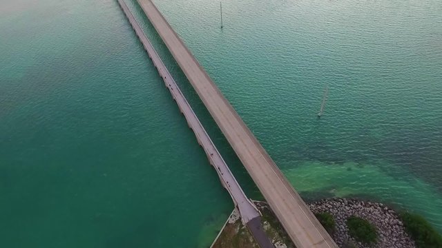 Aerial top shot of Seven Mile Bridge and ocean in the Florida Keys