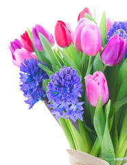 bouquet of   blue hyacinth and  tulips 